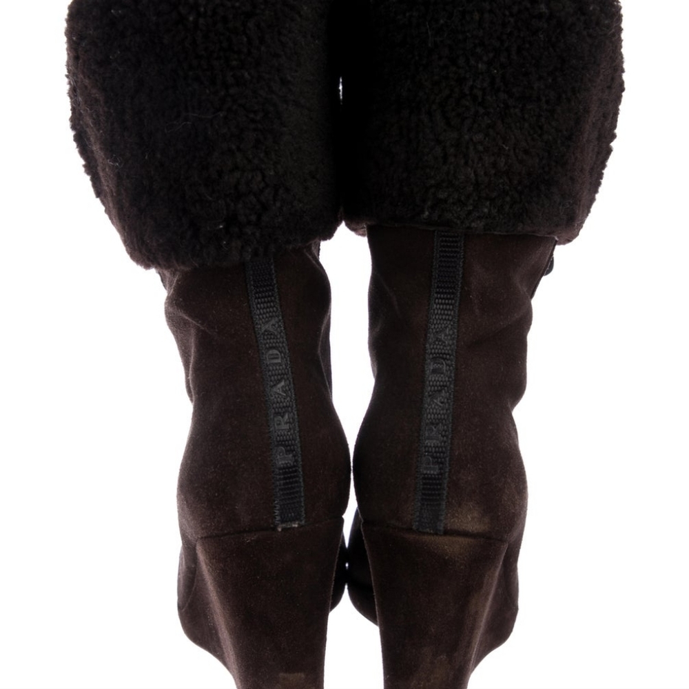 Prada Brown Shearling Lace-Up Wedge Boots Size: IT39 - Picture 3 of 5